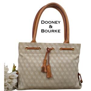 Dooney & Bourke Beige Logo Canvas Satchel with Tan Leather Trim